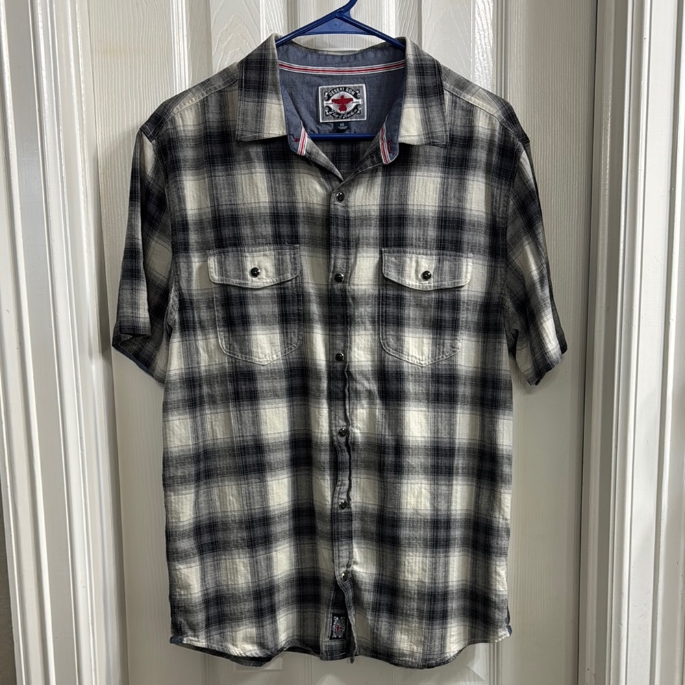 Casual Black and Cream Plaid Button Down Shirt with black pearl snaps